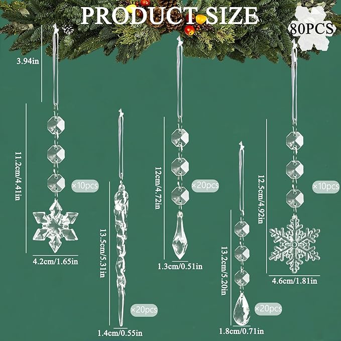 80pcs Christmas Tree Decoration Crystal Ornaments - Acrylic Christmas Snowflake Ornaments Icicle Drop Crystal Hanging Ornaments for Xmas Tree Winter Wonderland Holiday Frozen Party Decor