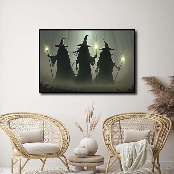 JFHCQJPK Vintage 3 witches canvas wall decor melancholy dark Halloween poster wall decor holding a staff print Gothic horror Halloween painting print for living room bedroom24x36in Metal blackFramed