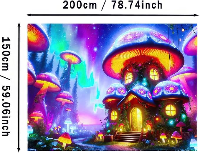 BlissYard Black Light Tapestry Uv Reactive Tapestry Glow Tapestry 78x59 Inches Enchanted Mushroom Village Wall Hanging, Fluorescent Art Decor with Glowing Mushrooms, Forest, and Fantasy Elements