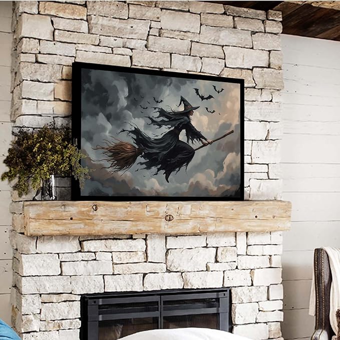 JFHCQJPK Witch and bat flying Halloween poster suitable for home party wall decoration retro Halloween preppy style wall art canvas print suitable for room decoration12x16in Metal blackFramed