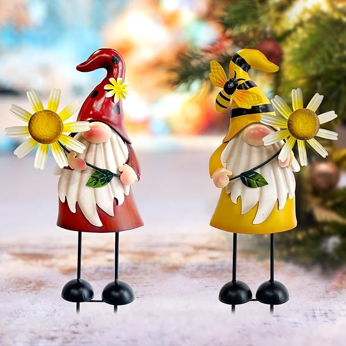 HONGLAND Gnome Metal Yard Art - Metal Gnome Statue -Gnome Outdoor Decorations - Bee and Ladybug Garden Statue- Christmas Holiday Lawn Patio Yard Garden Decor (Set of 2)
