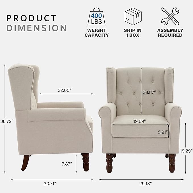 Lumibee High Back Accent Chair,Upholstered Wingback Armchair with Solid Wood Legs for Small Spaces,Comfy Single Sofa Chair for Living Room,Bedroom,Office-Beige