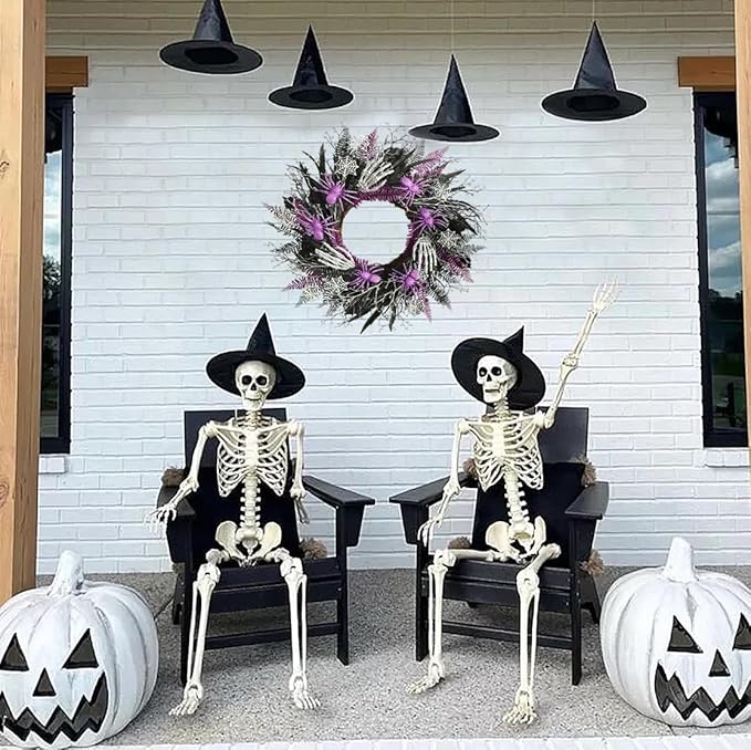 Halloween Decorations, Halloween Wreaths for Front Door 20", Purple Spiders Silver Skeleton Hands Black Leaves Halloween Decor for Doors Porch Wall, Gothic Party Horror Room Decor