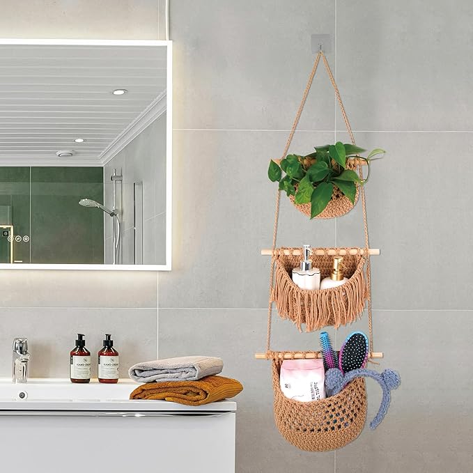 3 Tier Hanging Fruit Basket for Kitchen, Handmade Woven Cotton Hanging Wall Basket for Fruit Vegetable with 6 Hooks, Boho Style Over The Door Organizer for Living Bathroom Bedroom