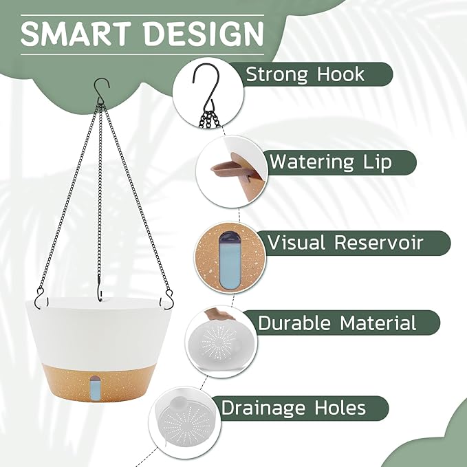 ZMTECH 12 Inch Hanging Planters for Outdoor, 2 Pack Self Watering Pots for Indoor Plants, Large Hanging Baskets for Plants Outdoor with Visual Reservoir and Drainage Hole(White)