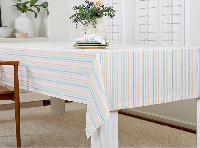 Solino Home Linen Striped Tablecloth 60 x 108 Inch - 100% Pure Linen Multicolor Muted Pastel Stripe Table Cloth for Rectangle Tables - Julia, Machine Washable Tablecloth