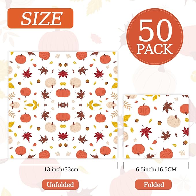 50 Pcs Fall Napkins 5 x 5 inch, 3 Ply Pumpkin Maple Leaves Paper Napkins Disposable Holiday Cocktail Napkins for Dinner Bathroom Autumn Thanksgiving Party Decorations (Fall)