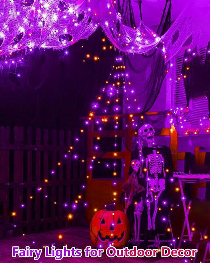 4 Pack 60LED Orange & Purple Fairy Lights Battery Operated with Timer, 20FT Waterproof Halloween Lights Outdoor Indoor, Black Wire String Lights for Bedroom, Party, Centerpiece, Halloween Decorations