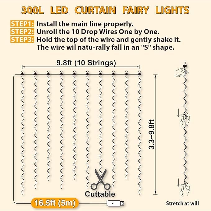 HXWEIYE 300LED Fairy Curtain Lights, 9.8x9.8Ft Warm White USB Plug in 8 Modes Christmas String Hanging Lights with Remote for Bedroom, Indoor, Outdoor, Weddings, Party