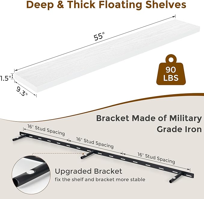 55 Inch Floating Shelves White, Rustic Wood Floating Shelf Wall Mounted, 9 Inch Deep Floating Shelf for Kitchen, Bedroom, 55 x 9 Wall Shelves for Home Storage, Set of 1