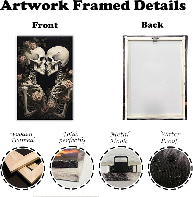 OAAPITI Vintage Skeleton Canvas Wall Art Gothic Painting Artwork Retro Rose Skull Art Poster Abstract Romantic Theme Picture Halloween Living Room Decor(Artwork-4,24"x36")