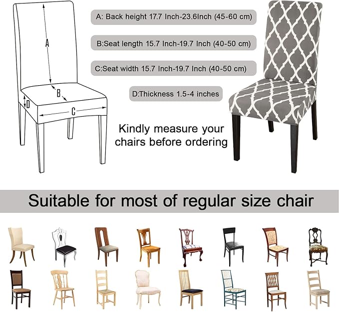 JQinHome Dining Room Chair Covers Set of 8, High Stretch Chair Slipcover Removable Washable Chair Seat Protector Cover for Home Party Hotel Wedding Ceremony (Grey White)