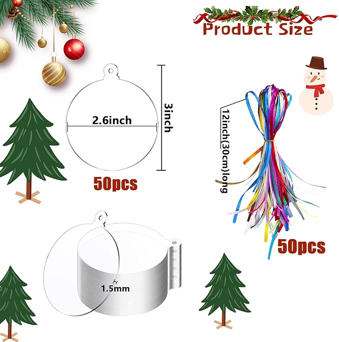 50 Pieces Christmas Hanging Ornaments Set 3''Christmas Ornament Acrylic Blank with 50Pcs 25 Color Ribbons for Christmas Tree DIY Decor (Classic Style, 50.00)