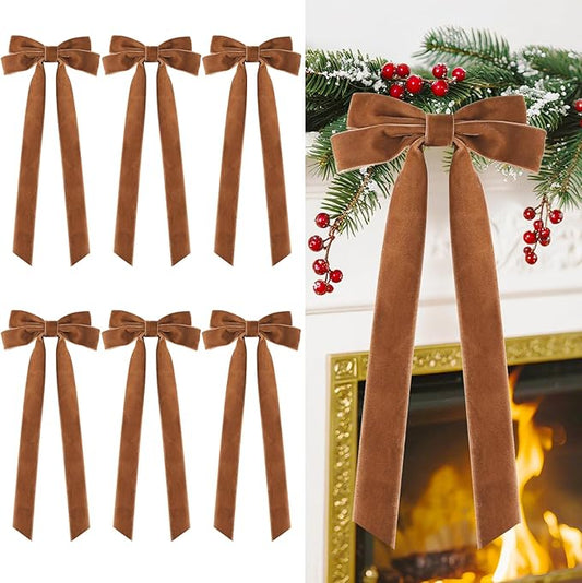 Senjie Velvet Large Christmas Bows for Staircase Garland Wreath, 20in x 8in Vintage Ribbon Bows with Twist Tie for Xmas Tree Holiday Indoor Outdoor Decorations (6Pcs, Light Brown)