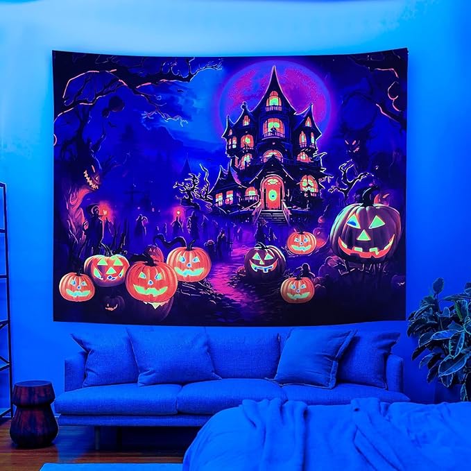 OSVINO Blacklight Halloween Castle Tapestry 90"x70" Pumpkins Ghosts Background Bedroom Aesthetic Hippie Room Decor Glow in The Dark Wall Poster for Halloween Easter