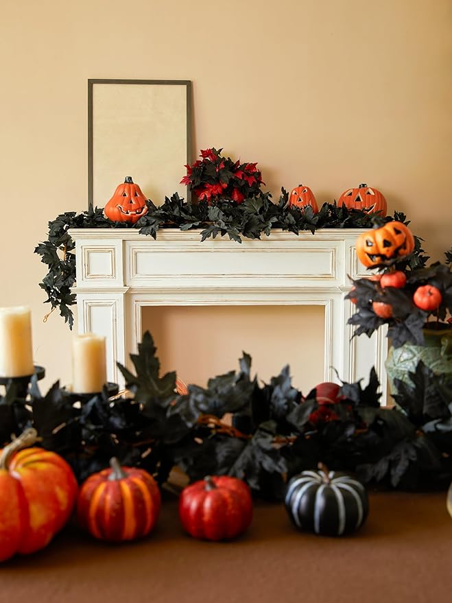 PARTY JOY Black Artificial Maple Leaf Garland - 6PCS 5.6Ft Halloween Decor, Gothic Fall Vines for Front Porch, Thanksgiving Autumn Table Centerpiece & Wall Hanging