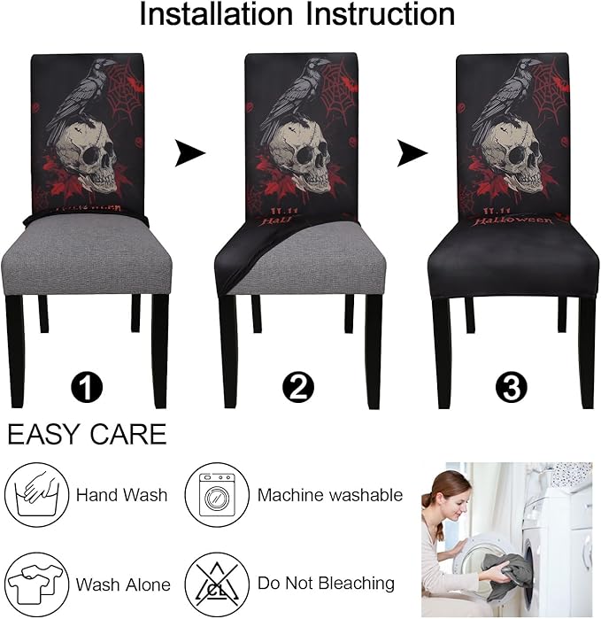 JQinHome Black Halloween Chair Slipcover,Skull Chair Covers Set of 4, High Stretch Washable Chair Protector Cover for Dining Room, Kitchen,Home Party,Wedding Ceremony(Skull Black,4PC)