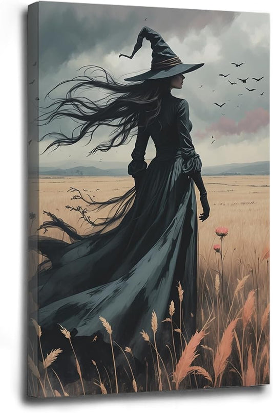 Gothic Decor Canvas Wall Art Witch in Rice Field Halloween Art Decor Print Nature Print Victorian Home Bedroom24x36in Wood Framed