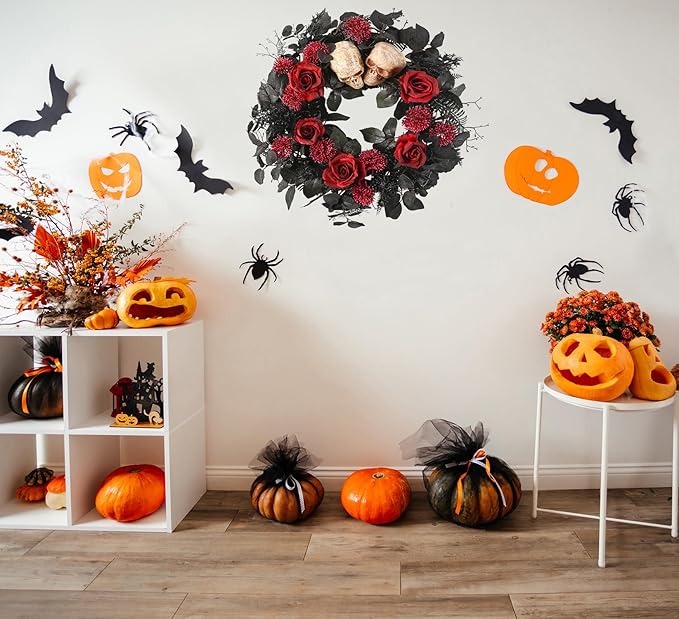 20" Halloween Wreaths for Front Door, Black Eucalyptus Leaves with Glitters, Red Roses, Skull, Gothic Wreath Horror Room Decor