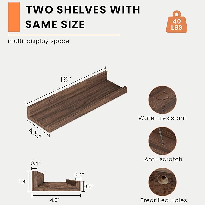 Heimlove Picture Ledge Shelf, Small Floating Shelves Set of 2, 16 Inches Picture Shelf for Wall with Ledge, Kids Bookshelf Wall Mounted for Living Room Bedroom Decor Books Photo Frames, Walnut