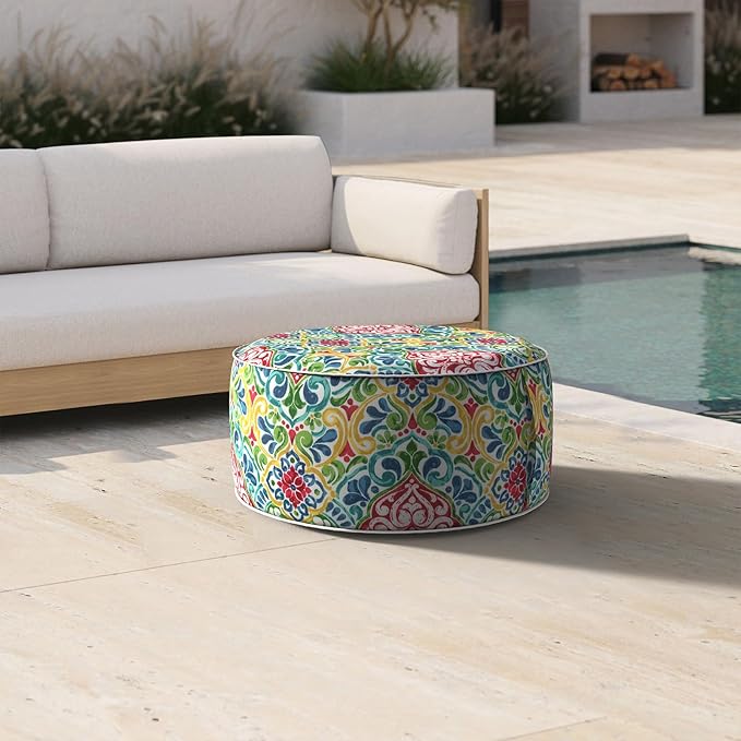 Inflatable Ottoman Stool D21 xH9 for Outdoor/Indoor Use, Water Repellent Patio Foot Rest Stool with Portable Handle,Round Pouf Ottoman Suitable for Garden,Deck and Camping - Damask Red