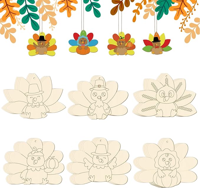 24 PCS Unfinished Wooden Thanksgiving Crafts, Turkey Shaped Hanging Ornaments DIY Wood Craft Cutouts for Thanksgiving Party Decor (Turkey)