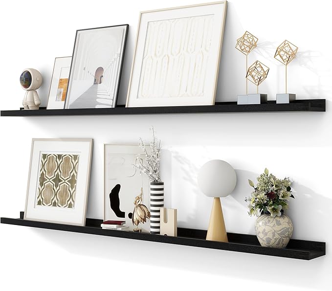 Solid Ash Wood Picture Ledge Shelf, Floating Shelves Set of 2, 56 Inch Long Large Ledge Shelves, Nursery Book Shelves Wall Mounted for Living Room Bedroom Kitchen Decor Kids Bookshelf, Black