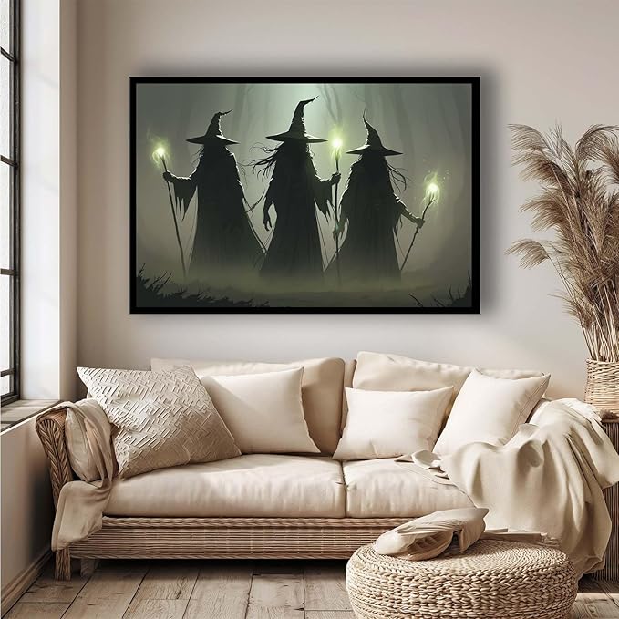 JFHCQJPK Vintage 3 witches canvas wall decor melancholy dark Halloween poster wall decor holding a staff print Gothic horror Halloween painting print for living room bedroom24x36in Metal blackFramed