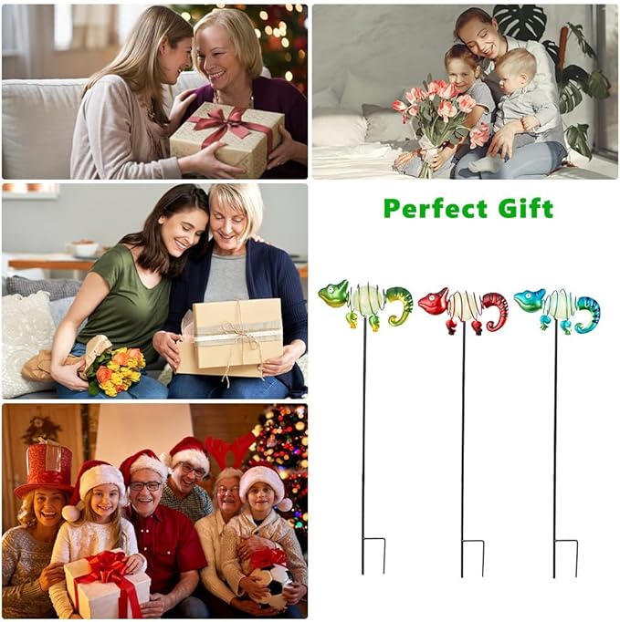 3 Pack Garden Stakes Decorative,Cute Chameleons Glow in The Dark Metal Garden Decor,Waterproof Metal Yard Art Decor for Outside,Funny Present for Mom Women Grandma