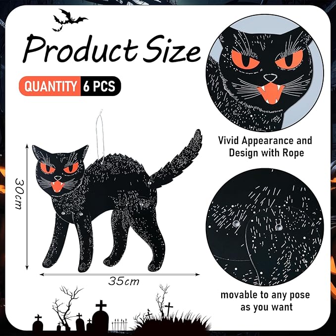 Jeyiour 6 Pieces Vintage Halloween Decor Halloween Jointed Scratch Cats Retro Black Cat Paper Cutouts Decoration for Home Classroom Office Wall Door Office Spooky Party Supplies