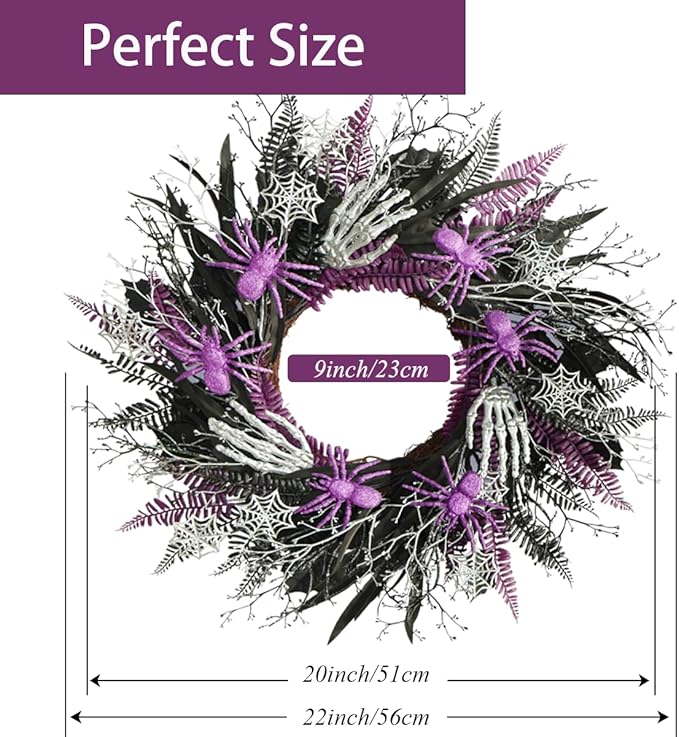 Halloween Decorations, Halloween Wreaths for Front Door 20", Purple Spiders Silver Skeleton Hands Black Leaves Halloween Decor for Doors Porch Wall, Gothic Party Horror Room Decor