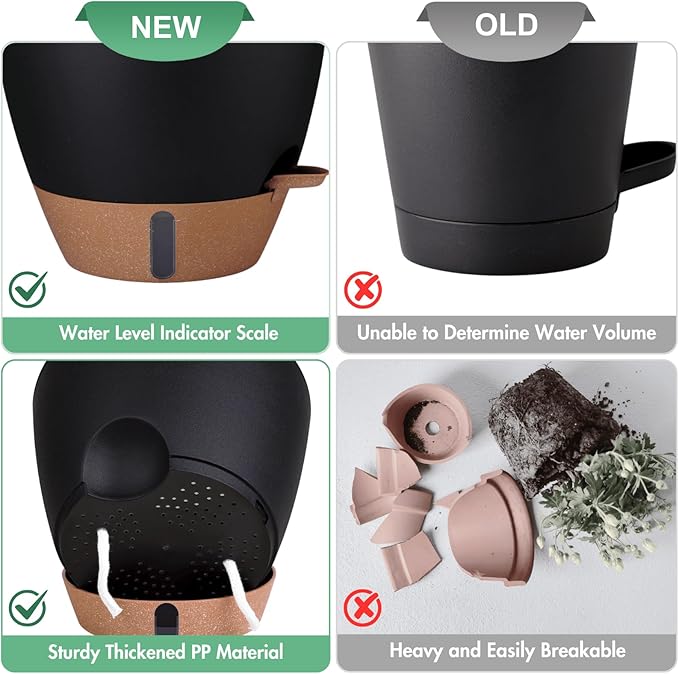 montresor 2 Pack 8 inch Plant Pots, PP Plastic Self Watering Plant Pot with Drainage and Tray for Indoor Outdoor Plants, Water Level Window & Reservoir Flower Pots Decorative Planter (Black)