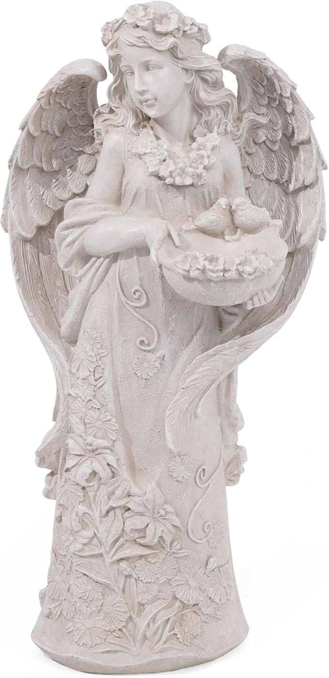 Outdoor Statues Angel Décor Garden Statue,23.5" H Angel Statue, Resin Angel with Bird Figurine,Gifts for Women and Men,Outdoor Garden Decor Ornaments for Outside (White)