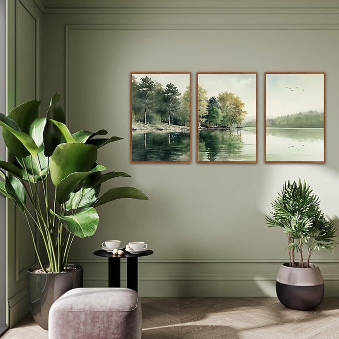 KAIRNE Framed Nature Canvas Wall Art Set,Misty Forest Wall Decor,Green Mountain Forest Pictures,Lake Water Painting set of 3(16”x24”),Landscape Scene Print for Living Room, Bedroom,Gallery Decor