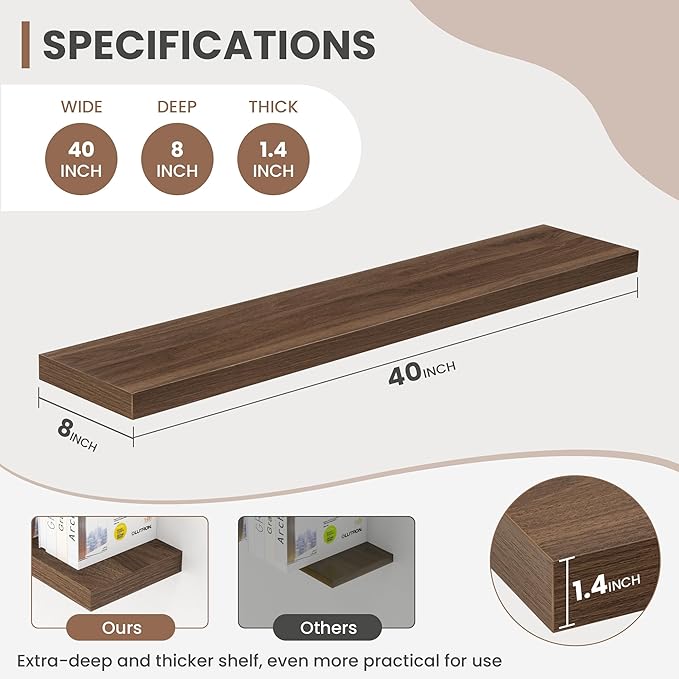 40 Inch Floating Shelves, 8 Inch Deep Floating Shelves for Wall, Hanging Shelf with Invisible Brackets, Deep Shelves for Bathroom, Bedroom, Living Room, Walnut, Set of 2