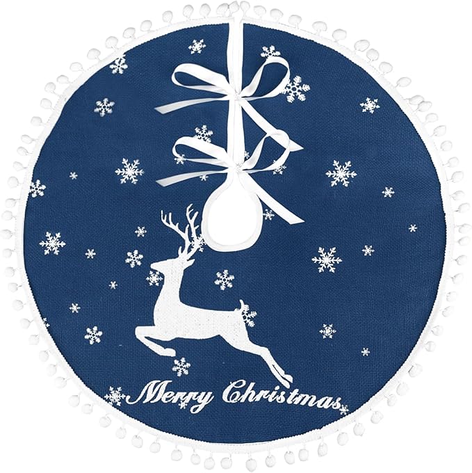 24 Inch Christmas Tree Skirt, Burlap Blue Christmas Rustic Tree Skirt with Elk Deer and White Snowflake Printed for Holiday Party Xmas Tree Decoration