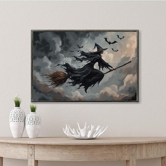 JFHCQJPK Witch and bat flying Halloween poster suitable for home party wall decoration retro Halloween preppy style wall art canvas print suitable for room decoration8x12in Metal blackFramed
