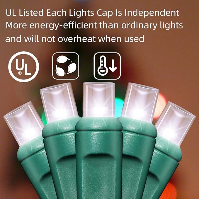 50LED String Lights,LED Christmas Lights,6" SPACING,Green Wire,White Colour,Commercial Grade