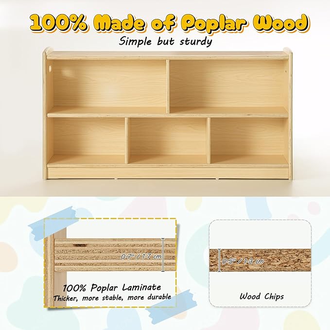 2-Tier Wood Montessori Cabinet for Kids, Toddler Room Book Shelves Toy Organizers and Storage, Small Book Shelf Storage for Baby Children, Furniture of Classroom, Nursery, Playroom