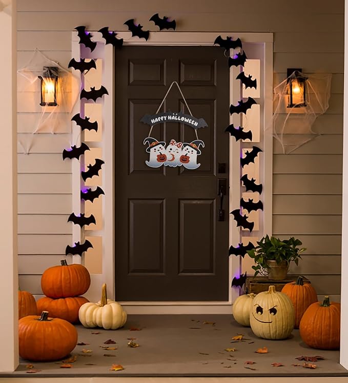 Happy Halloween Wooden Decoration Hanging Plaque Outdoor Wall 2 Pieces Cute Art Sign Wreaths with Ghost Bat Pattern for Home Wall Decor Halloween Party Outdoor Indoor
