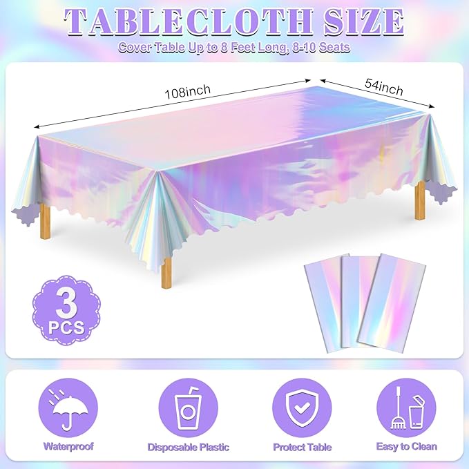 3 Pcs Iridescent Plastic Tablecloth, 54 x 108 Inch Disposable Scalloped Table Covers Waterproof Rectangle Iridescence Table Cloths for Bachelorette Bridal Shower Wedding Birthday Iridescent Decor