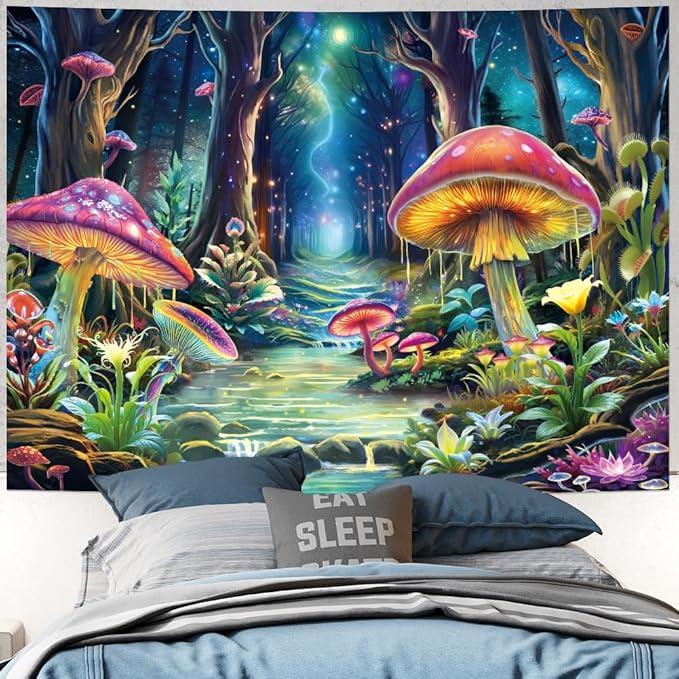 Yuiqear Blacklight Mushroom Tapestry Fantasy Forest Tree Tapestries UV Reactive Floral Plant Tapestries Neon Glow in The Dark Tapestry Wall Hanging for Bedroom Aesthetic Decor
