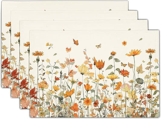 Fall Floral Placemats Set of 4 12x18 Inch Autumn Wildflower Vintage Rustic Washable Non-Slip Heat Resistant Place Mats Thanksgiving Table Mats for Party Kitchen Dining Room