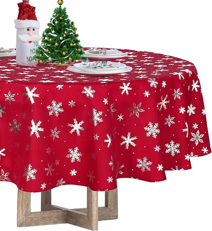 LUSHVIDA Christmas Tablecloth Round - 60inch Snowflakes Foil Print Pattern Washable Wrinkle Resistant Holiday Tablecloths for Christmas Family Gathering, Dining Room Table 130GSM