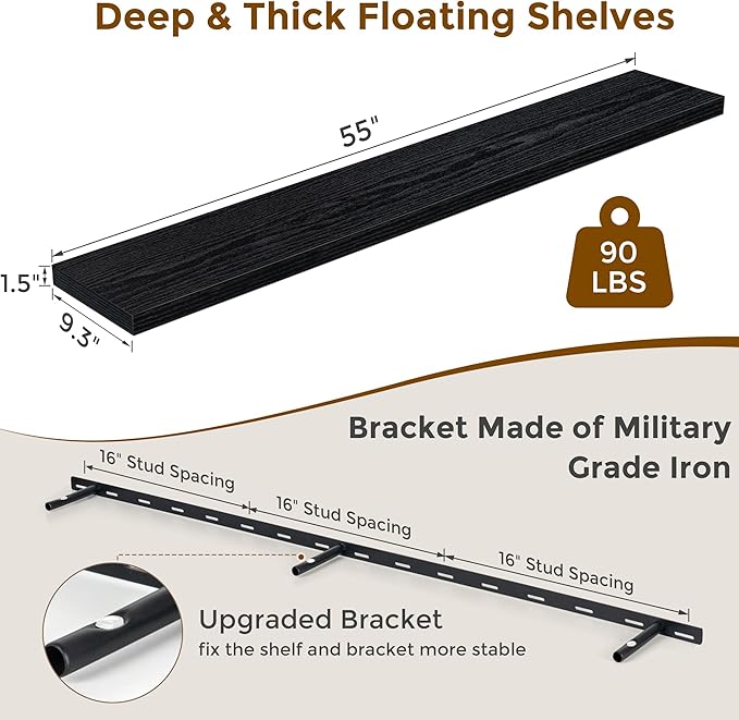 55 Inch Floating Shelves Black, Rustic Wood Floating Shelf Wall Mounted, 9 Inch Deep Floating Shelf for Kitchen, Bedroom, 55 x 9 Wall Shelves for Home Storage, Set of 1