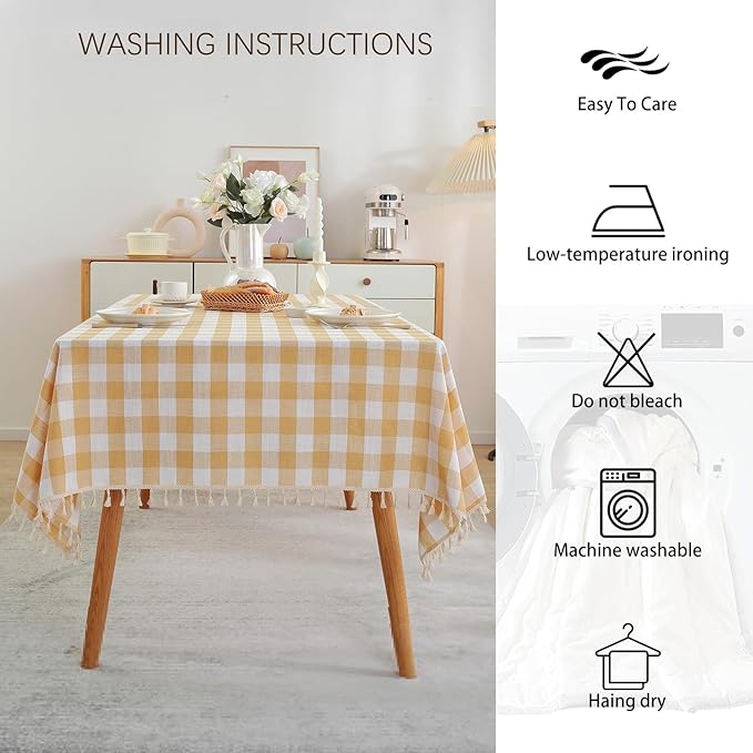 JIALE Gingham Tablecloth Square Cotton Linen Fabric Checkered Table Cloth with Tassel Washable Wrinkle Free Buffalo Plaid Table Cover for Outdoor Party Picnic Kitchen Dining, Yellow, 55x55