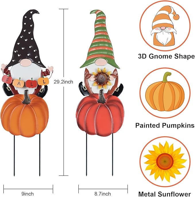 hogardeck Fall Decorations for Home Outdoor, 2 Pcs Metal Gnome Decorative Garden Stakes with Pumpkins for Fall Decor, Yard Signs for Garden Home Lawn Patio Thanksgiving Decorations