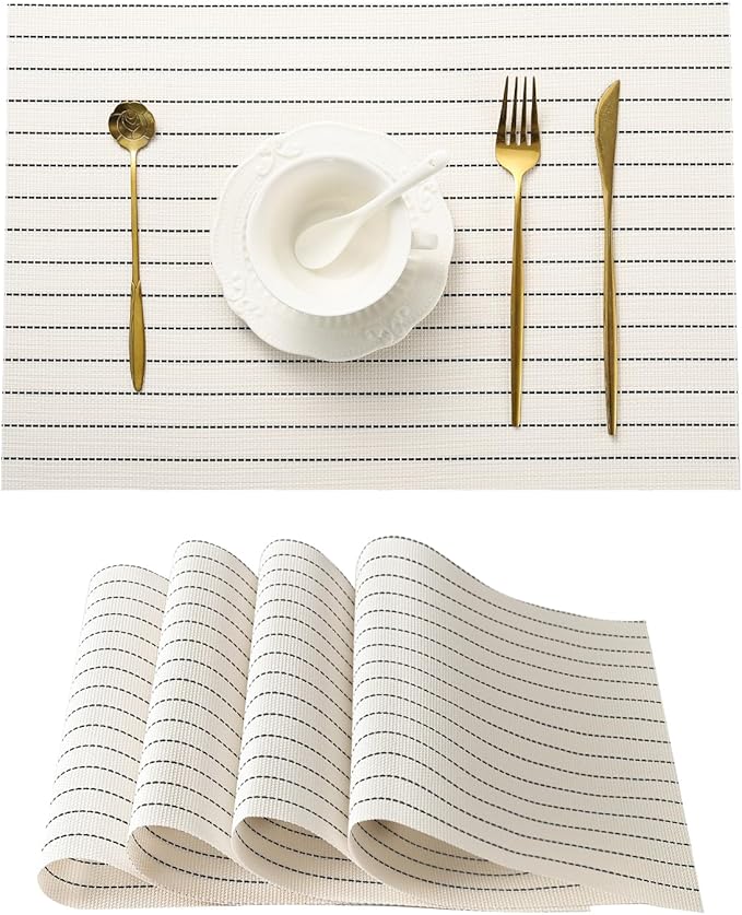 Leetaltree White with Black Stripes Placemats Set of 4 - Heat Resistant Non-Slip Place mats for Dining Table, Washable Durable PVC Vinyl Woven Table Mats（White Stripes, 4）