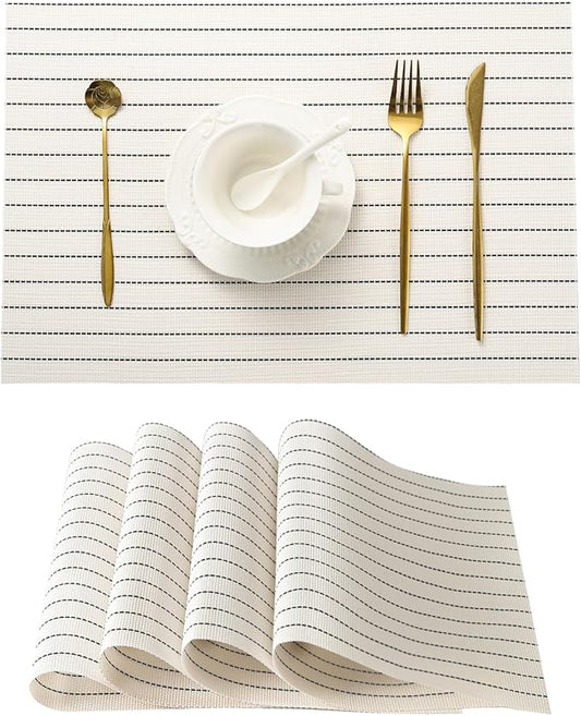 Leetaltree White with Black Stripes Placemats Set of 12 - Heat Resistant Non-Slip Place mats for Dining Table, Washable Durable PVC Vinyl Woven Table Mats（White Stripes, 12）