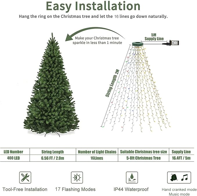 Smart Christmas Tree Lights with Ring, APP Control Music Sync 6.56Ft x 16 Lines String 400 LED Indoor Outdoor with DIY scenarios 17 Modes Multicolor Timing for Christmas Tree Decorations